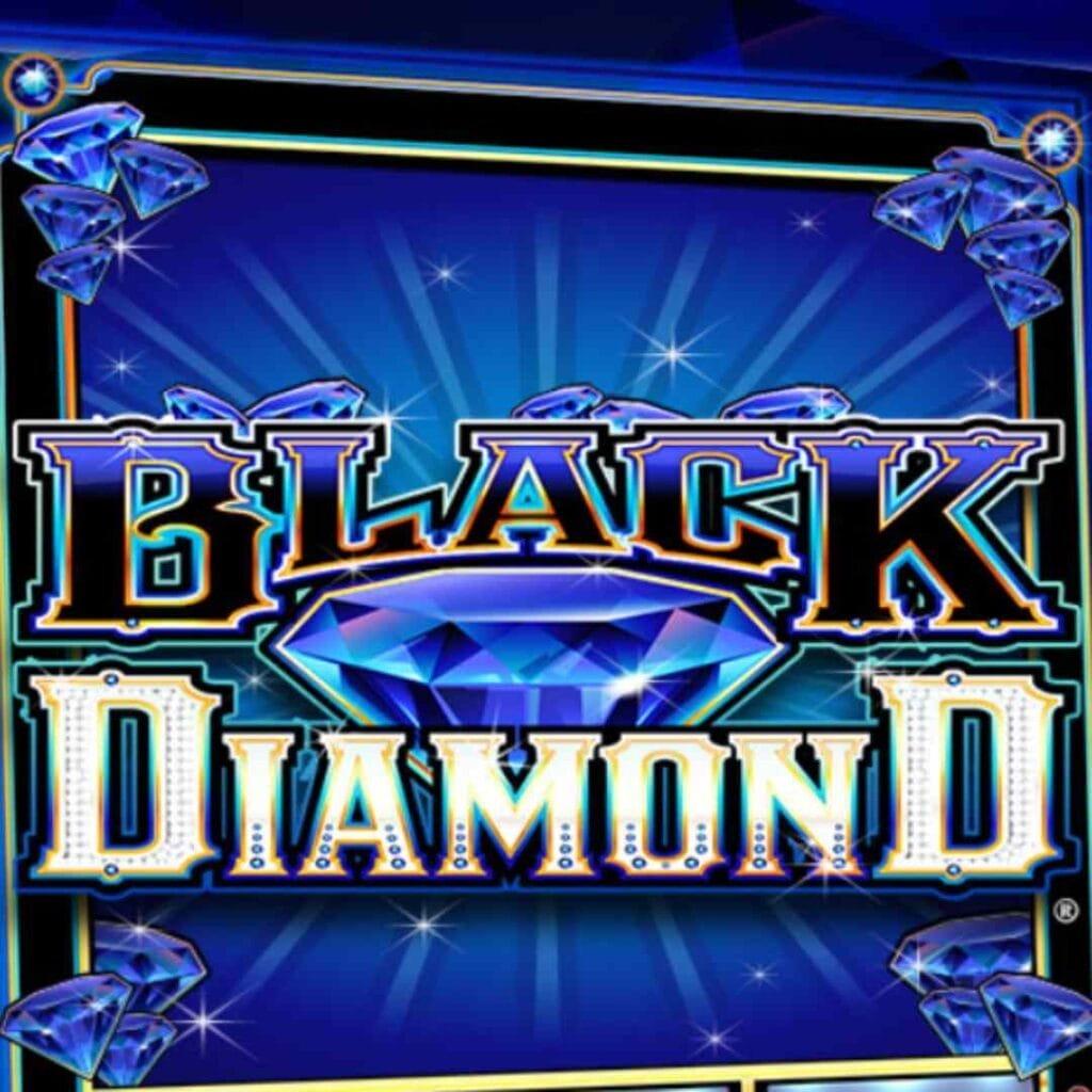 Black Diamond online slot logo in blue, black and white against a blue background.