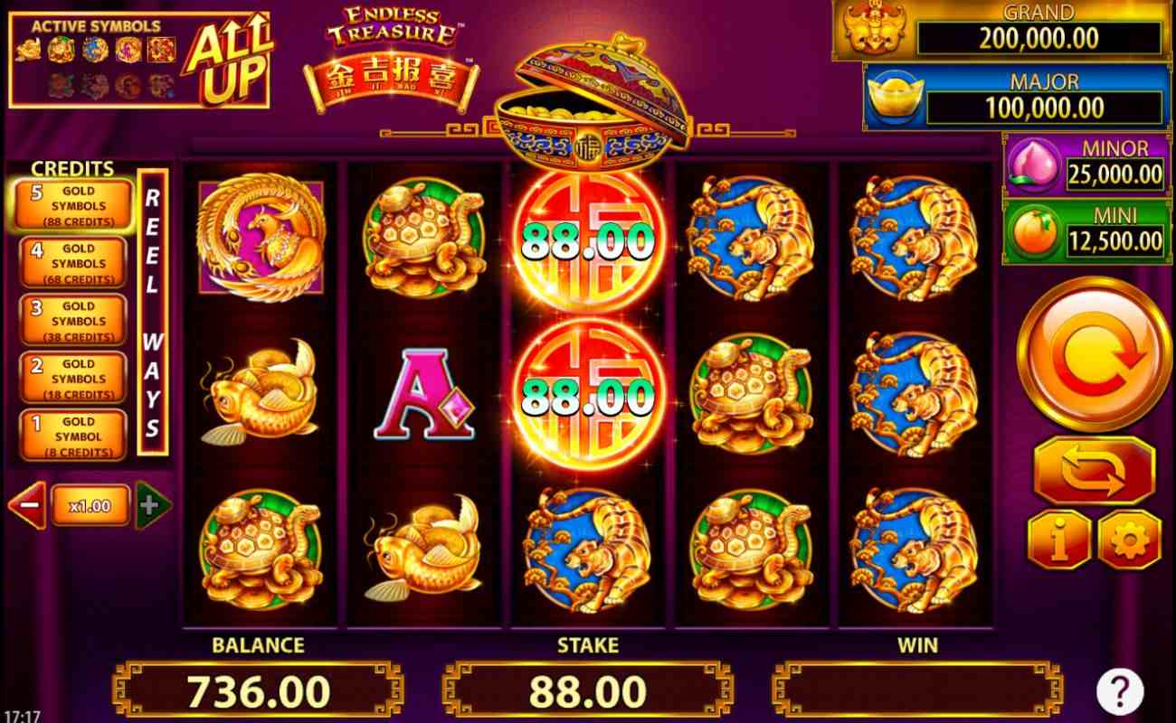 A screenshot of the gameplay of Jin Ji Bao Xi Endless Treasure, featuring mainly high-paying symbols on the 5x3 slot grid; The four jackpots are shown on the right of the reels, and the active symbols and reel ways options are shown on the left.