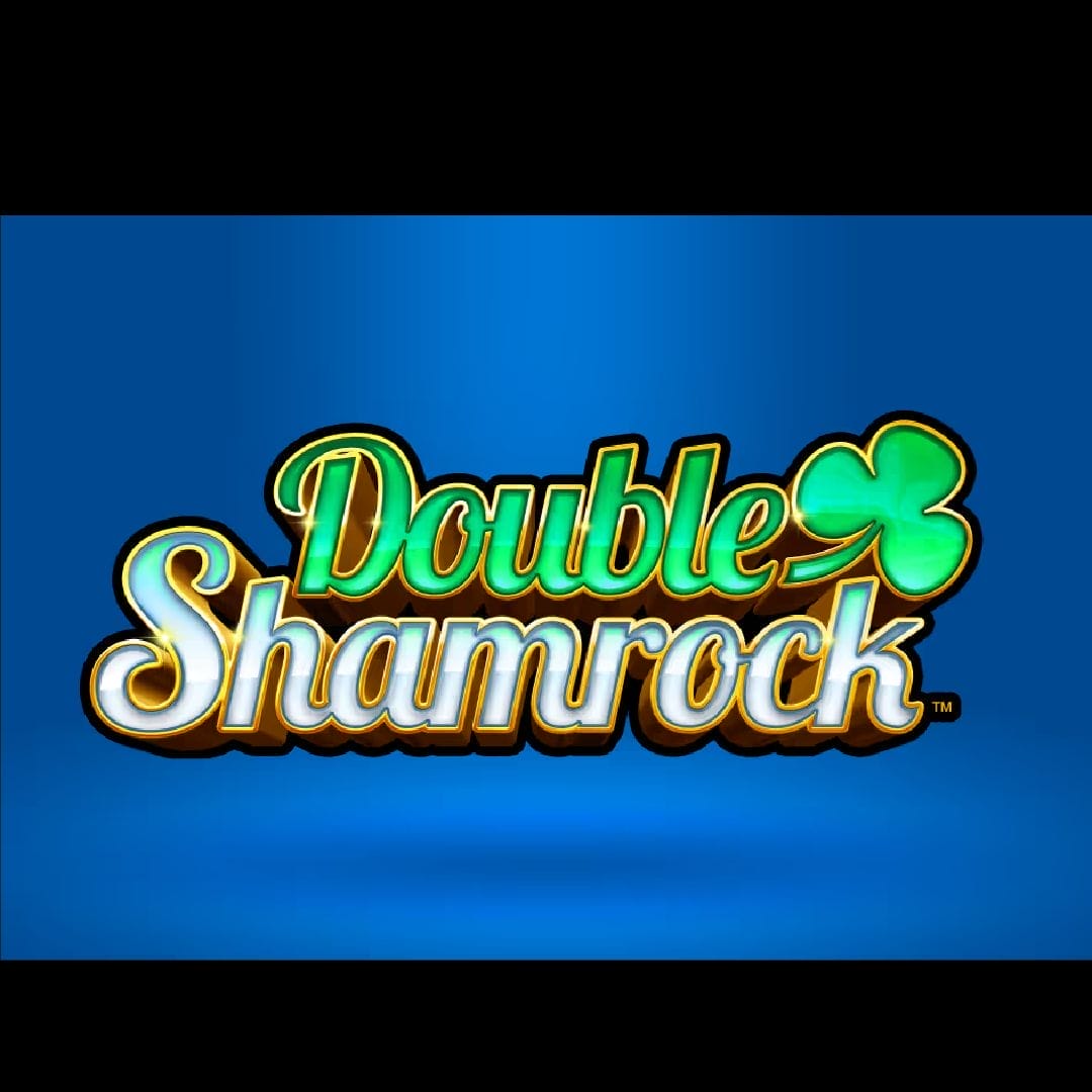 Double Shamrock online slot logo in green, silver and gold. The logo is on a blue background.