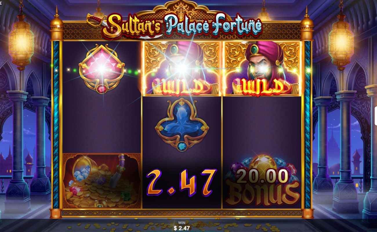 A screenshot of the gameplay of Sultan’s Palace Fortune, featuring two Wild symbols and a Spade symbol triggering a win; The winning symbols are lit up with a sparkling line running through them.