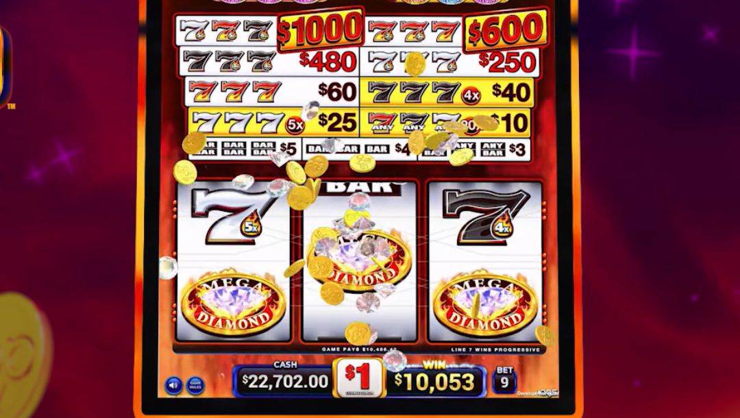 The Mega Diamond slot game machine, showing gameplay, and retro slot symbols.
