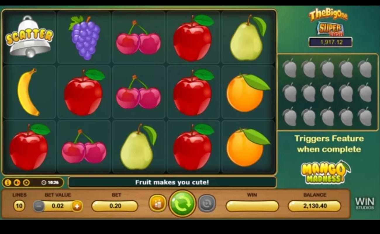 Mango Madness online slot with apples, oranges, cherries, bananas, grapes and a silver bell on tiled symbols. The bottom panel is made of wood, with the controls clearly marked.