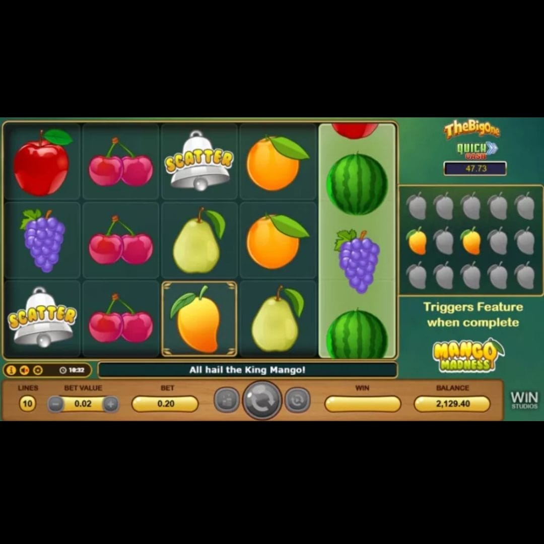 Mango Madness online slot game with mangoes, cherries, watermelon, grapes, cherries, and a silver bell on green reels. The Mango Madness logo is located on the bottom right of the screen against a green background. There are mangoes highlighted above the logo.
