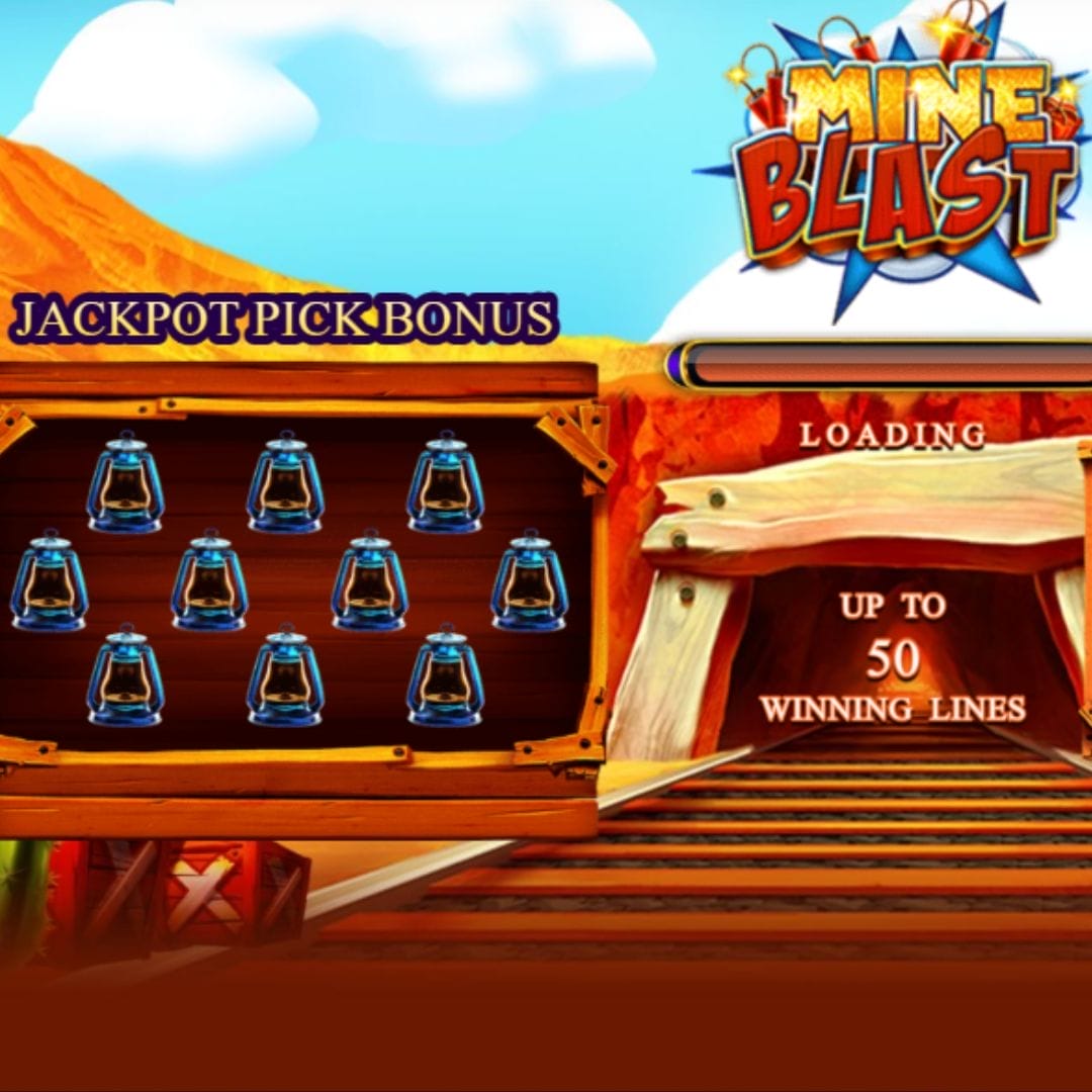 Screenshot of the Mine Blast online slot game loading screen, showing the loading bar, information about the winning lines, and an example of the jackpot pick bonus.