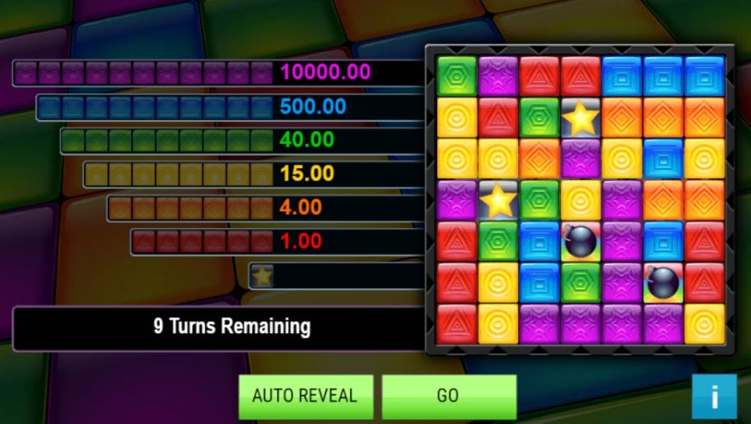 Color Cubes online casino game with green buttons at the bottom of the screen. There are colorful cubes on the right side of the screen. The left side shows the prize value of the cubes.