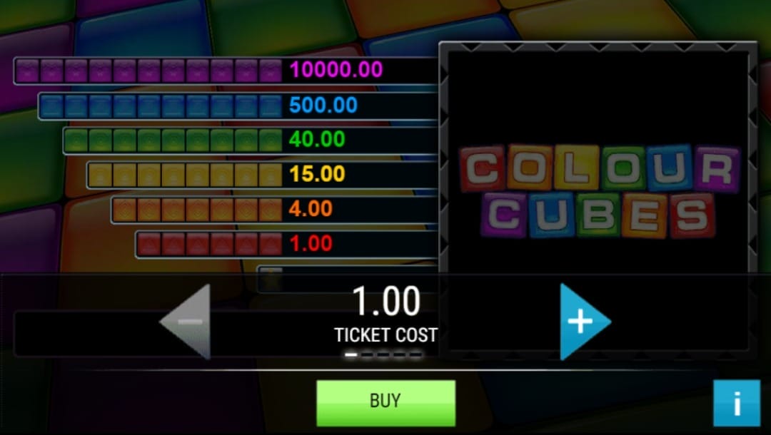 Color Cubes online casino game with the Color Cubes logo on the left-hand side of the screen. The right-hand side of the screen shows the prize values of each cube.