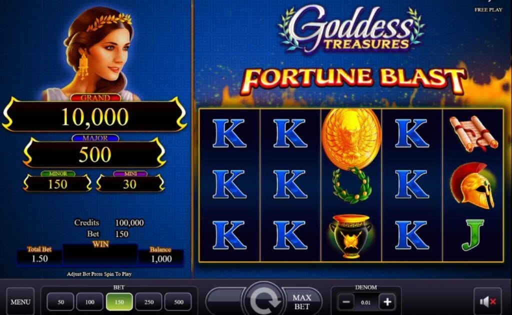 Goddess Treasures online slot screen with a dark blue background. The reels are black, with playing cards K and J displayed. There are Greek-inspired symbols, too. The jackpot prizes are displayed on the left side of the screen.