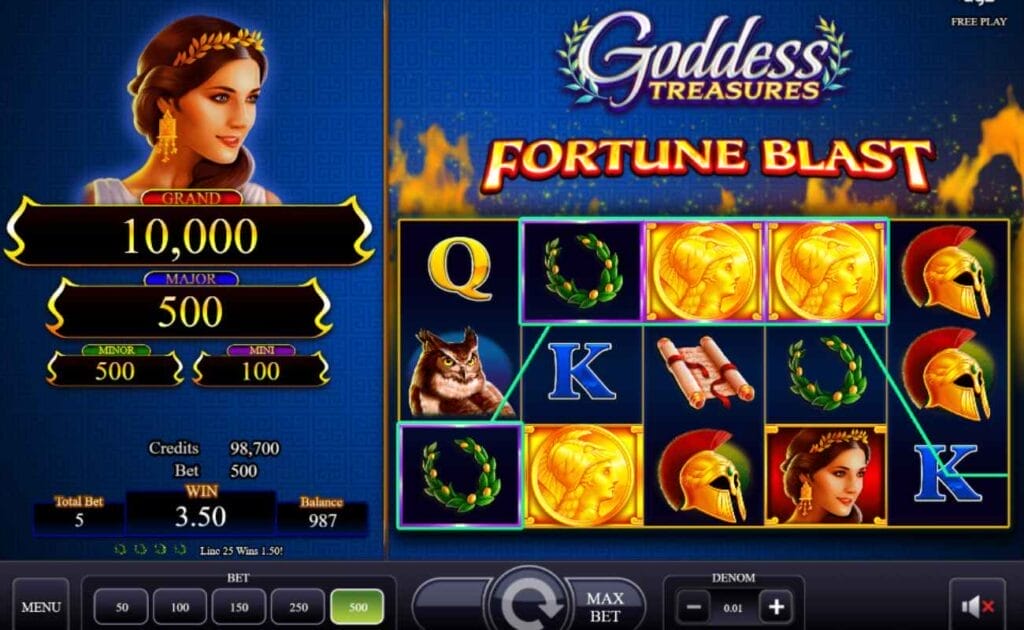 Goddess Treasures online slot with a winning combination across the reels. The reels have flames on top against a dark blue background.