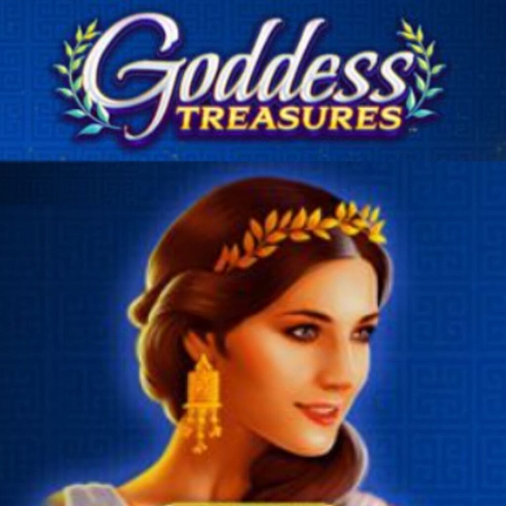 title of the Goddess Treasures online slot against a blue background with two leafy branches on either sides of the title