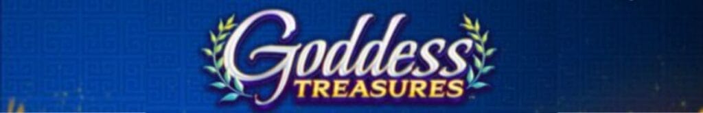 title of the Goddess Treasures online slot against a blue background with two leafy branches on either sides of the title