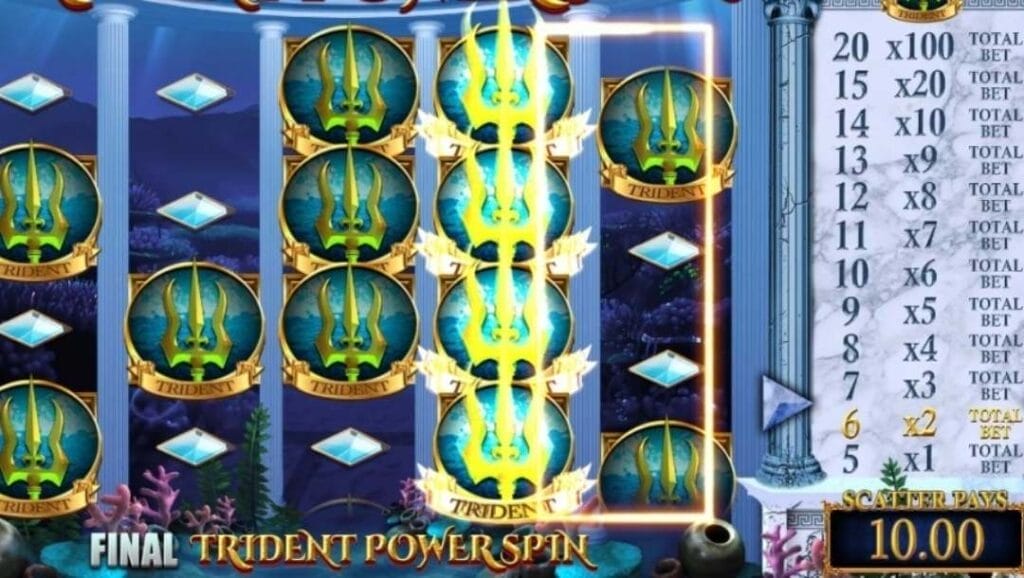 Screenshot from the Masters of Atlantis online slot game, showing the gameplay of the Trident Power Spin.
