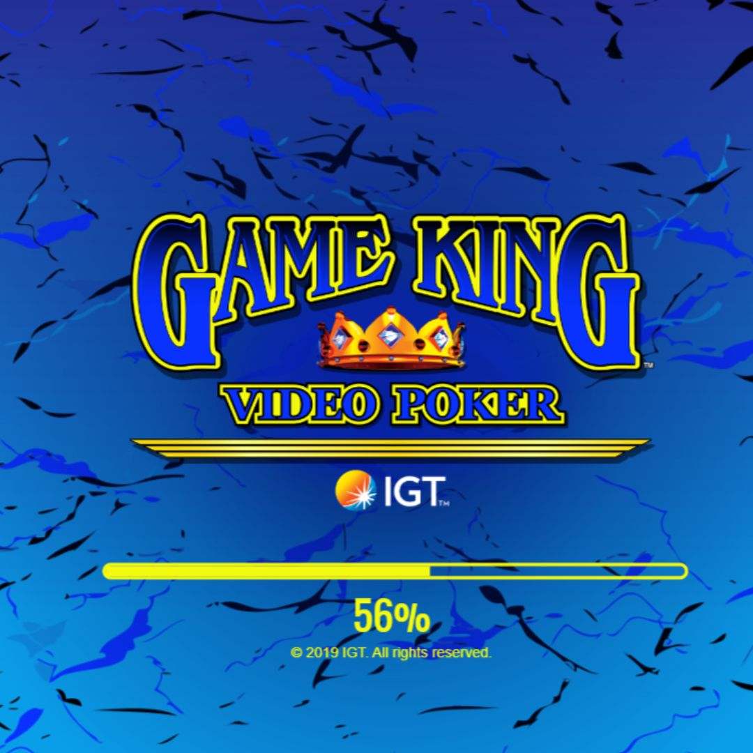 The loading screen or the Game King Video Poker casino game, featuring the game logo, IGT logo, and a loading bar on 56%, all on a blue background decorated with scribble-like lines in different shades of the same color.