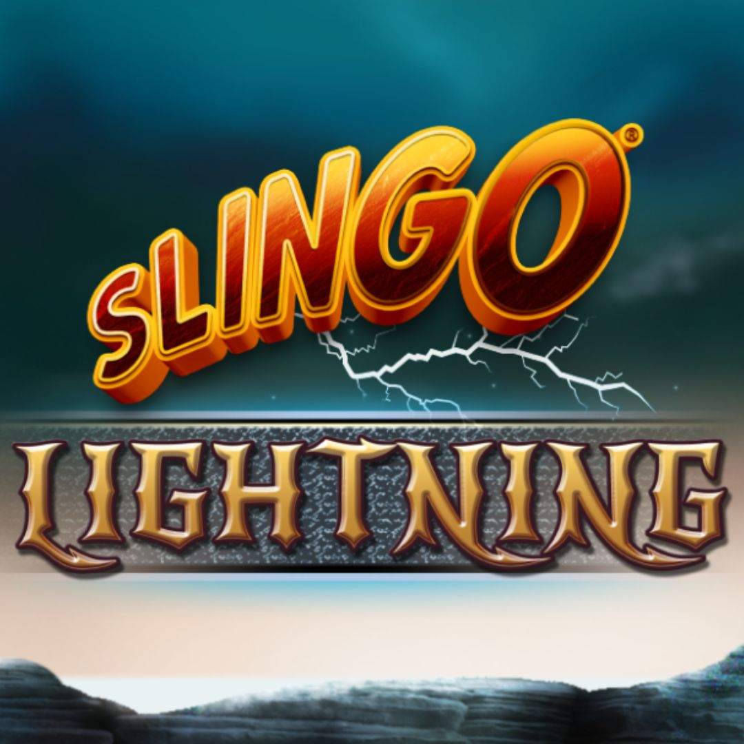 The title image of Slingo LIghtning, featuring the game logo on a background of a dark, cloudy sky, slightly lit by lightning strikes over a mountain.