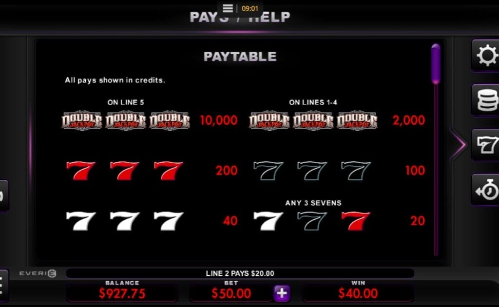 Double Jackpot online slot paytable with the Double Jackpot logo and number seven with their payout values. The symbols are against black background.