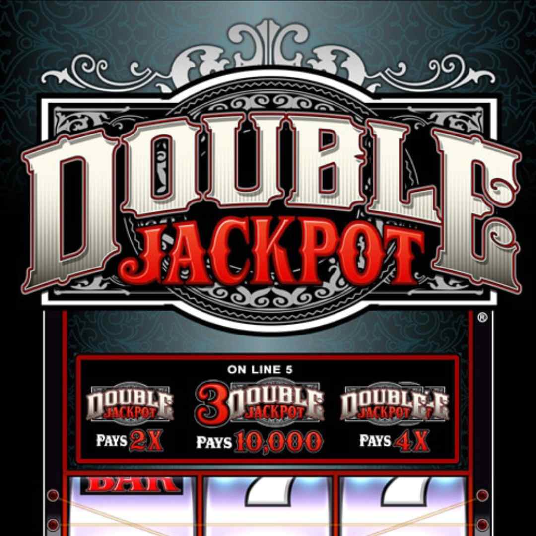 Double Jackpot online slot header in silver and red. The logo is above the slot machine which shows the jackpot prizes and the three reels.