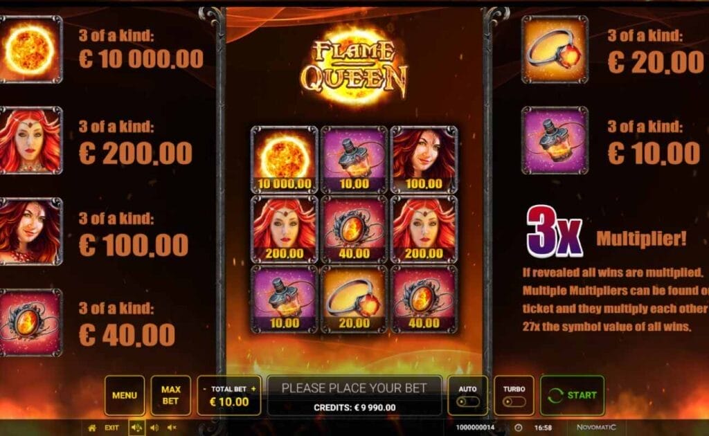 Screenshot of the Flame Queen online slot game, showing gameplay, and unique slot symbols. 