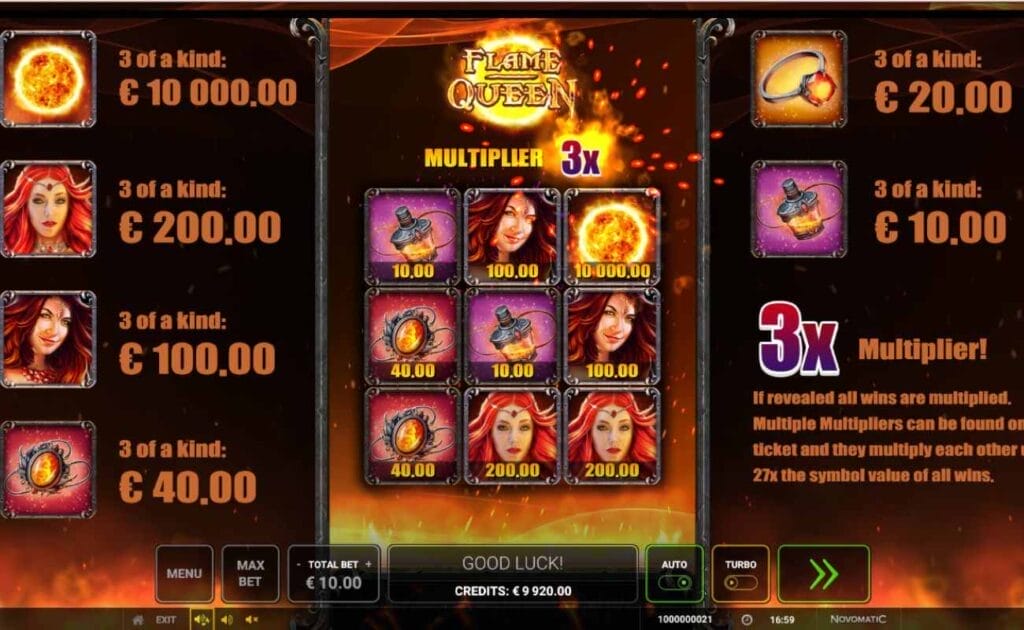 Screenshot of the Flame Queen online slot game, showing a 3x multiplier. 