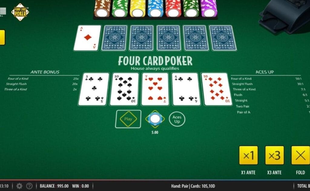 Four Card Poker video poker game with playing cards and casino chips on a green felt poker table.