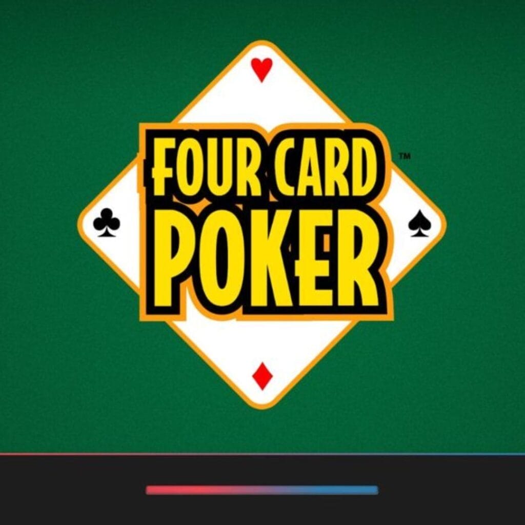 Four Card Poker logo in yellow and black over a playing card diamond shape. The background is green and the bottom of the screen is black with a blue and pink loading screen bar.