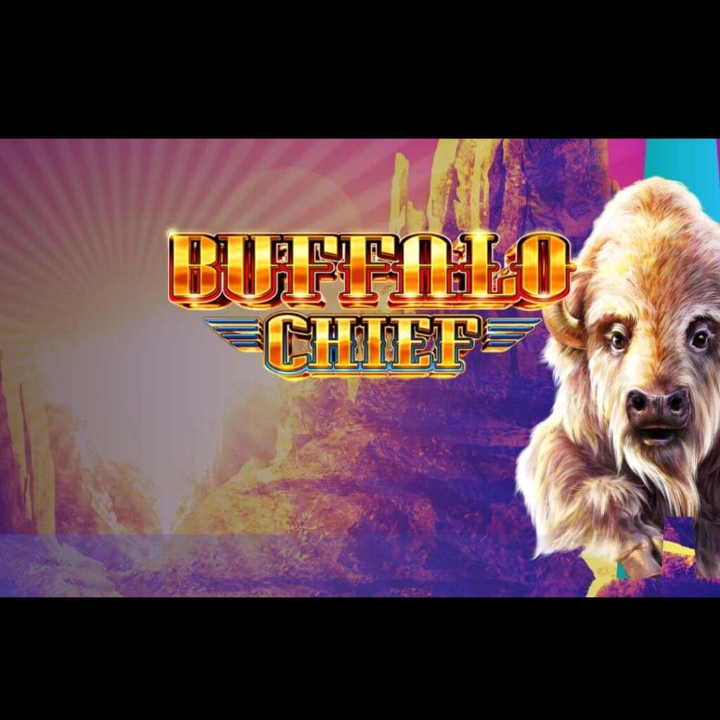 Buffalo Chief online slot logo in gold and blue. There is a buffalo next to the logo, and the background shows a mountainous rock with bright sunlight beaming.