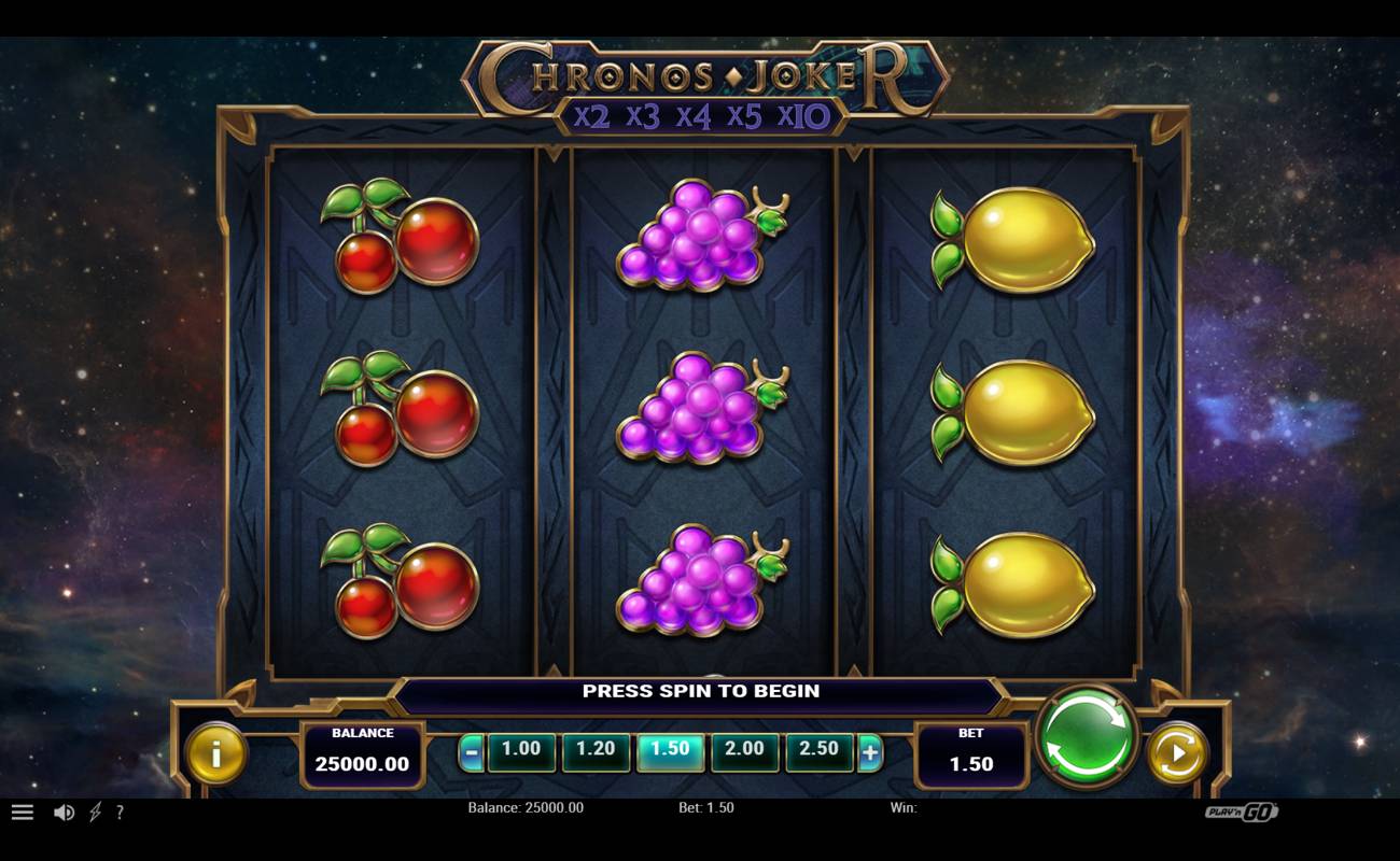 A screenshot of the reels in Chronos Joker. The background is the depths of space filled with stars. The reels are filled with fruit slot symbols, including cherries, grapes, and lemons.