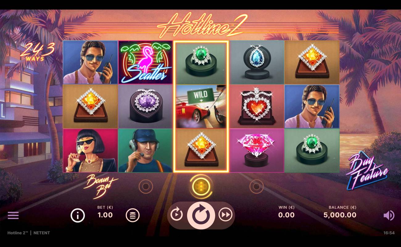 A screenshot of the reels in Hotline 2. The game is set against a Miami backdrop with condos and palm trees. The reels are filled with a variety of unique symbols, including a cool detective on a walkie-talkie, a rich woman sipping champagne, a man on a radio headset, and a sports car skidding down a road.