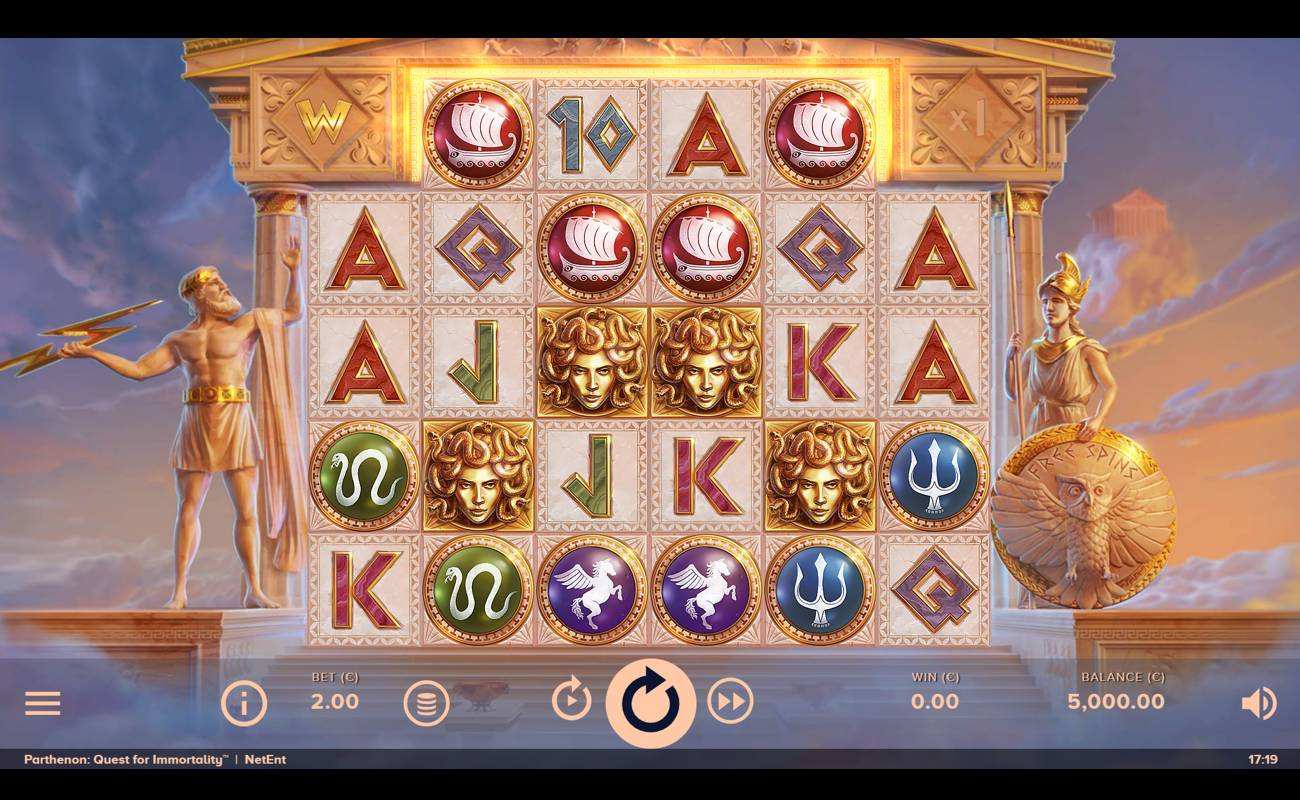 A screenshot of Parthenon Quest For Immortality. The game is set against a Greek temple in the clouds and features a man wielding a lightning bolt on the left and a woman with a spear and a shield on the right. The reels feature a variety of symbols, including Medusa heads, pegasus, serpents, tridents, and boats, as well as standard slot symbols like the A, K, Q, and J.