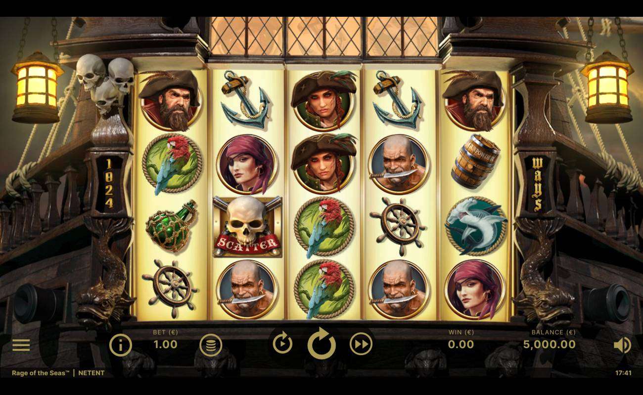 A screenshot of the reels in Rage of the Seas. The backdrop is the back of a pirate ship, complete with skulls, fish statues, and deadly cannons. The reels fit neatly against the back of the ship, while the symbols include a pirate captain, a knife-wielding pirate, a hammerhead shark, and a parrot.