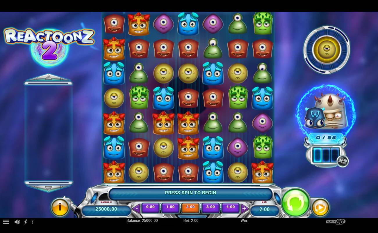 A screenshot of the reels in Reactoonz 2. The game is set against a swirling space backdrop. The reels are filled with a variety of cute aliens of all colors, shapes, and sizes.