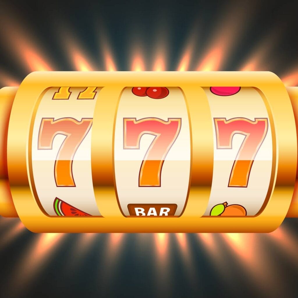 A golden slot reel with three red sevens on it. Light shines from behind the slot reel.