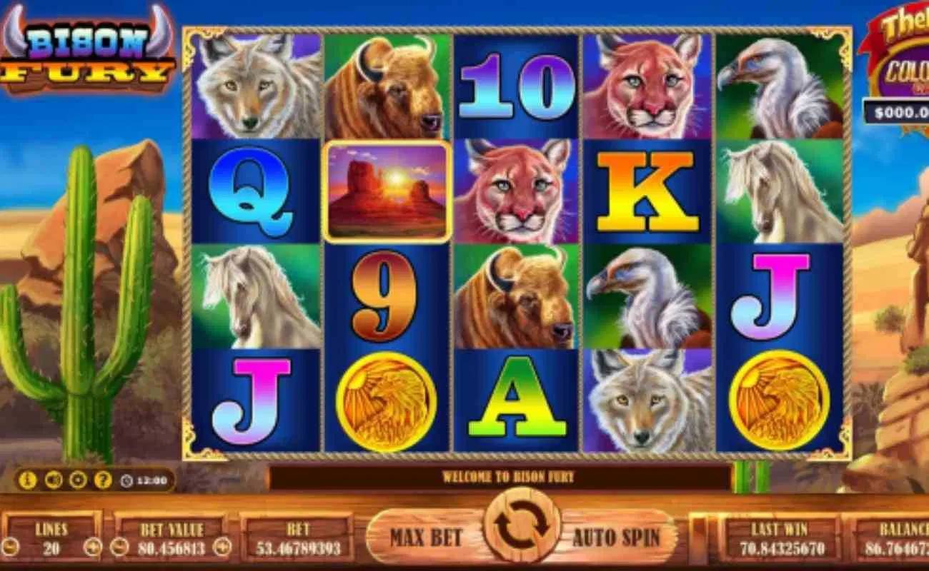 A screenshot of Bison Fury. The game is set in an American desert. The slot reels feature a variety of wild animals, including a bison, a coyote, a horse, a mountain lion, and a vulture. Additional symbols include a golden coin with an eagle, A, K, Q, and J.