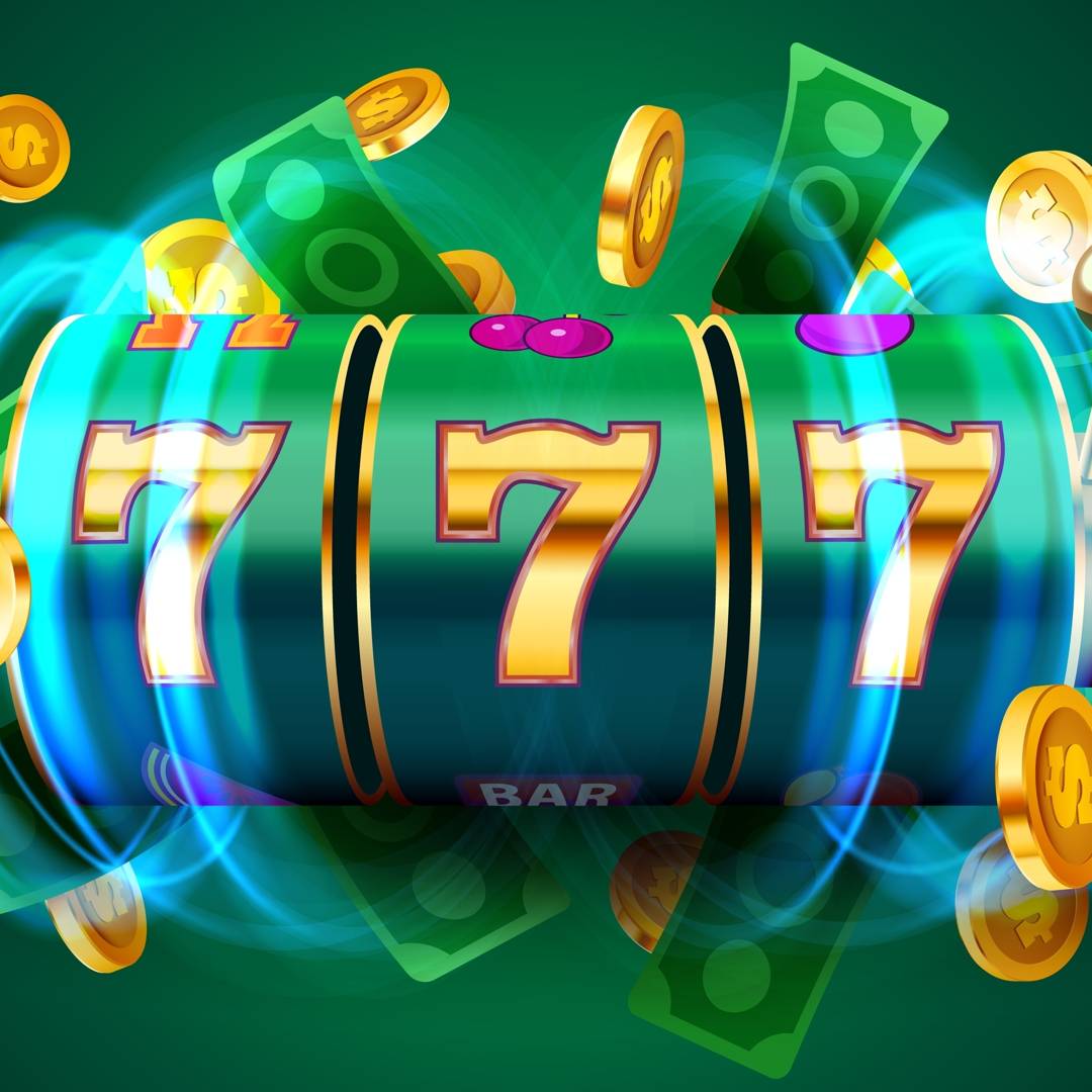 A green slot reel with three gold 7s surrounded by gold coins and green paper cash.