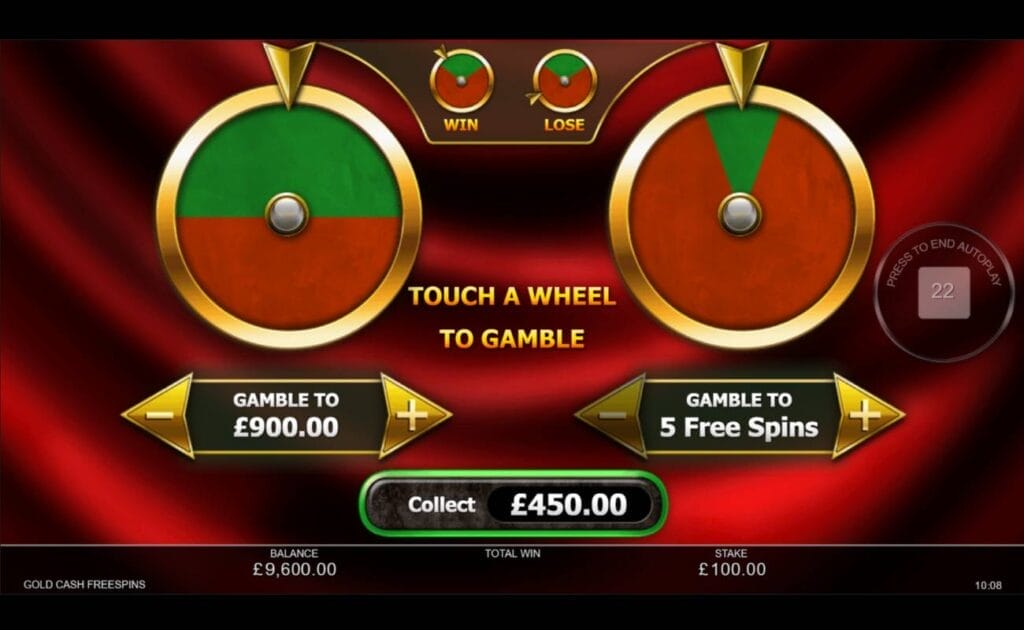 A screenshot of the Gamble feature in Gold Cash Freespins. There are three options on screen: gamble for cash, gamble for free spins, or collect your prize. Above each of the gamble options are two circles with a golden arrow above each. These circles are split into red and green sections, each of a different size.