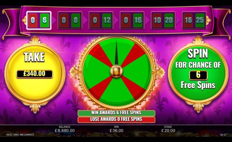 A screenshot of the Gamble feature in Reel King Megaways. The game features a banner at the top containing six sets of numbers, representing the free spins you’re playing for. Your potential wins are 0 and 6, 0 and 8, 0 and 12, 0 and 16, 10 and 20, and 16 and 25. Below this banner, you have the option to take your current prize on the left or the option to spin for a chance to win free spins on the right. In the center is a wheel split into multiple red and green sections, with a black arrow pointing upwards.
