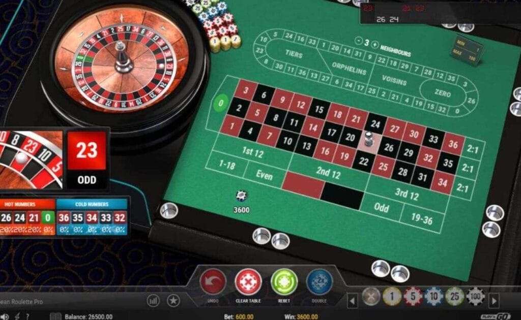 European Roulette Pro online casino game with a roulette wheel and roulette table. The roulette table is green, black, and white. The background is black. 