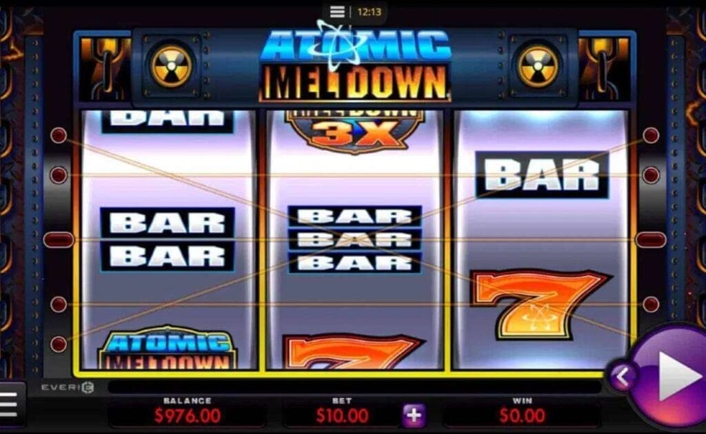 A screenshot of the reels in Atomic Meltdown. The game has an industrial design with metal panels, chains, and nuclear symbols around the reels. The reels are based on classic slots and feature bar symbols, seven symbols, and the Atomic Meltdown game logo.