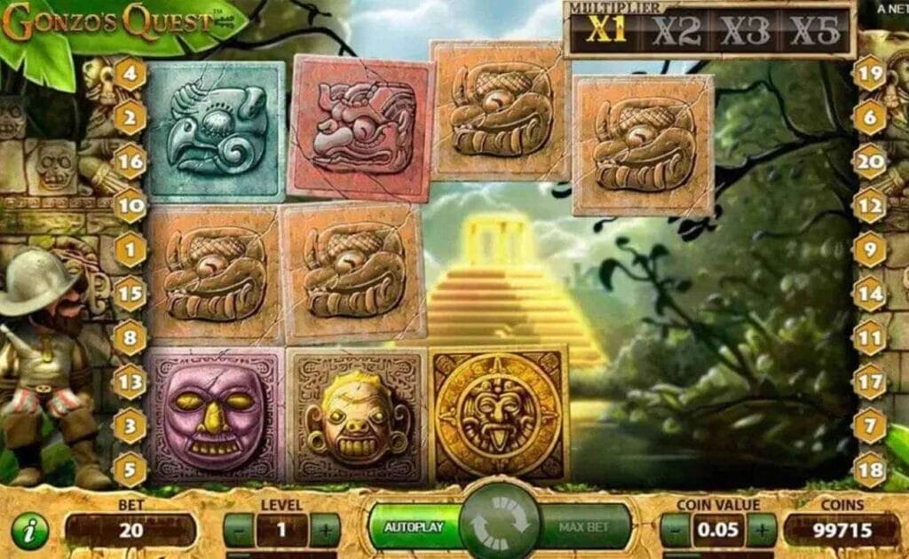 A screenshot of the reels in Gonzo’s Quest. A winning combination has been triggered and new symbols are falling into place on the reels. A multiplier of 1x is currently applied to wins. Gonzo watches the game from the left of the reels.