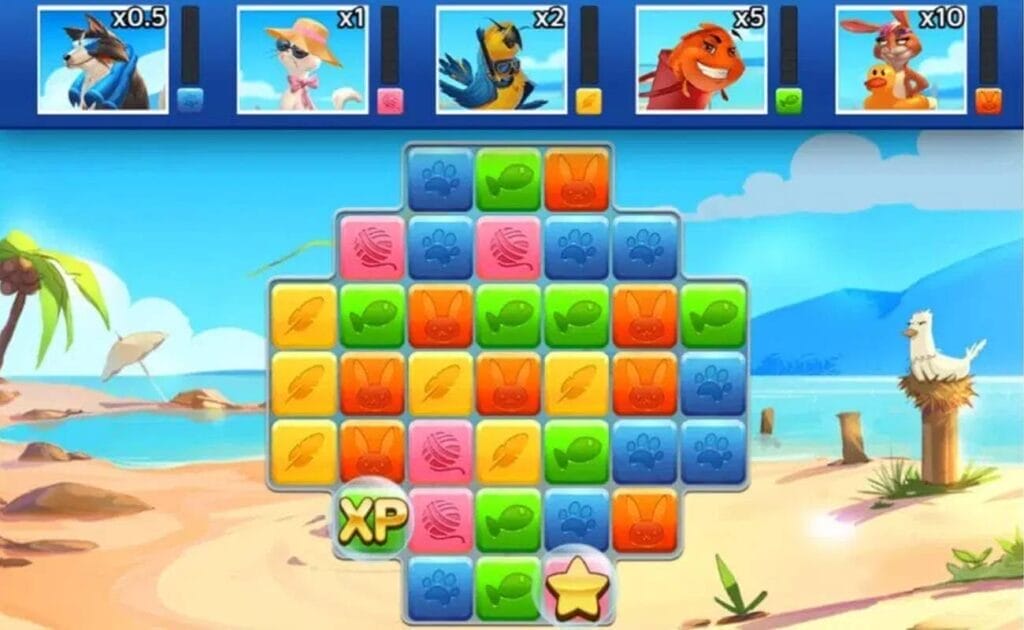 A screenshot of Pets Go Wild. The game is set on a cartoon beach with blue skies and oceans. In the center of the screen is the game reel with a 3-5-7-7-7-5-3 format. It’s filled with various brightly colored squares with symbols, like feathers, rabbit faces, fish, yarn, and dog paws.