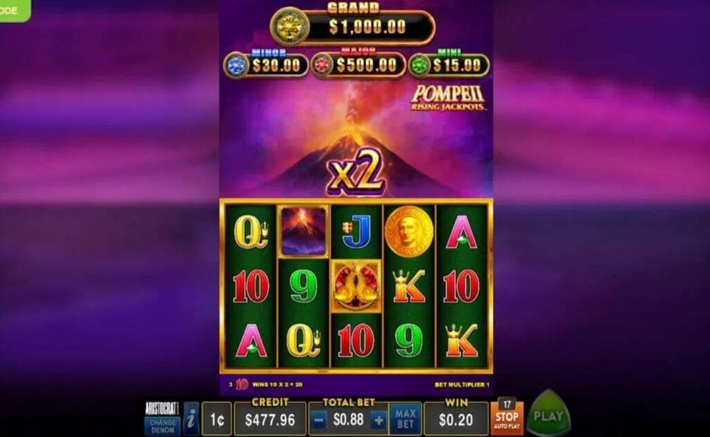 A screenshot of Pompeii Rising Jackpot’s reels. At the top of the reels are the four jackpot prizes and the game’s current multiplier. Below this are the slot reels with symbols, like gold coins and an exploding volcano, as well as standard playing card symbols A, K, Q, J, and 10.