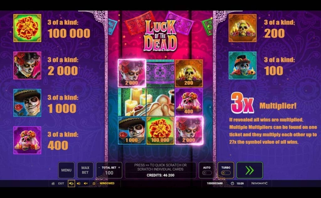 A screenshot of Luck of the Dead. On the left and right are the various symbol combinations and their payouts or effects. In the center is the nine-square scratch card with various symbols revealed, including a woman and man in Day of the Dead makeup, various skulls with traditional Day of the Dead designs, and a bright red and yellow flower.
