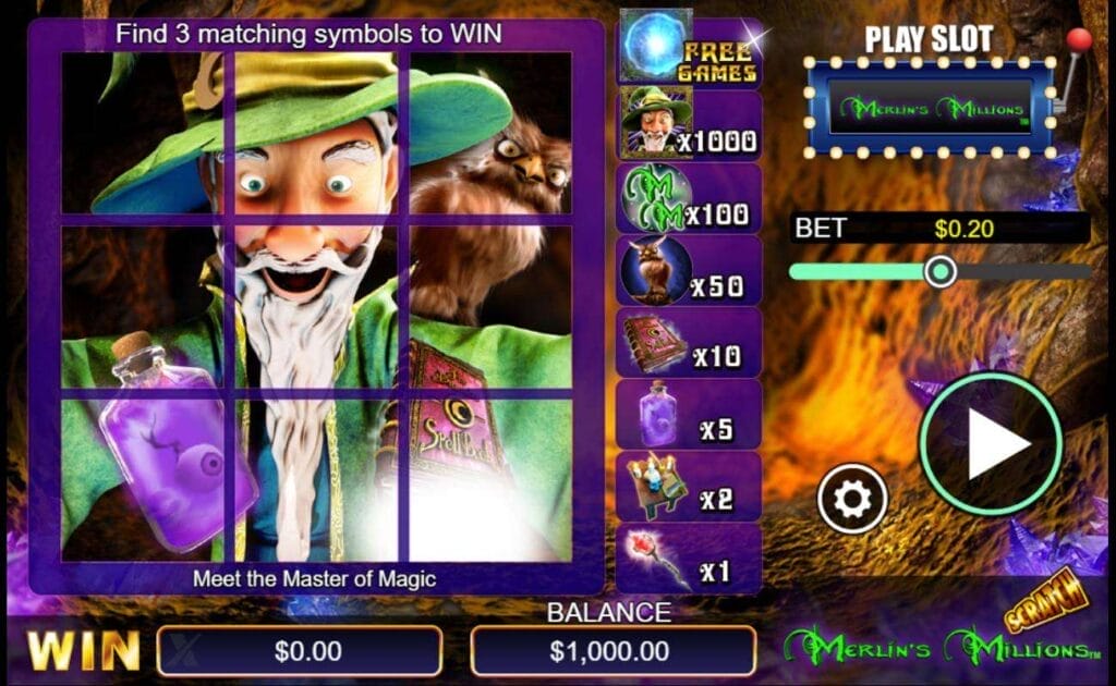 A screenshot of Merlin’s Millions. A portrait of Merlin, his owl, a magic potion, and his spell book is visible across nine squares. Next to the squares are the various prizes. On the right is the betting slider, Play button, and settings option further on the right.