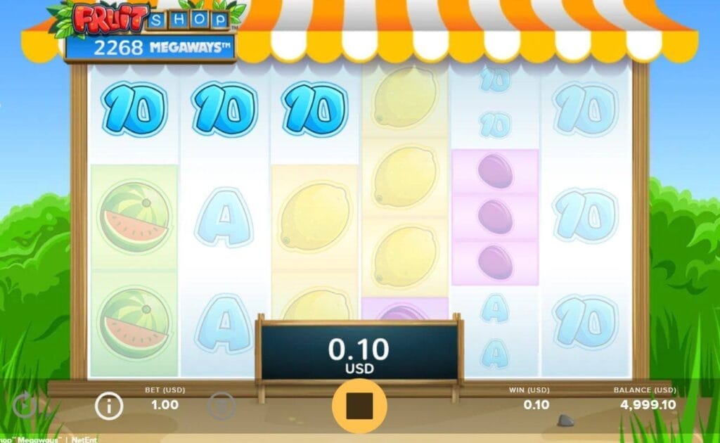 A screenshot of a small win on the Fruit Shop Megaways slot game; The winning combination of three 10 symbols is highlighted on the slot grid, with a cartoon landscape in the background.