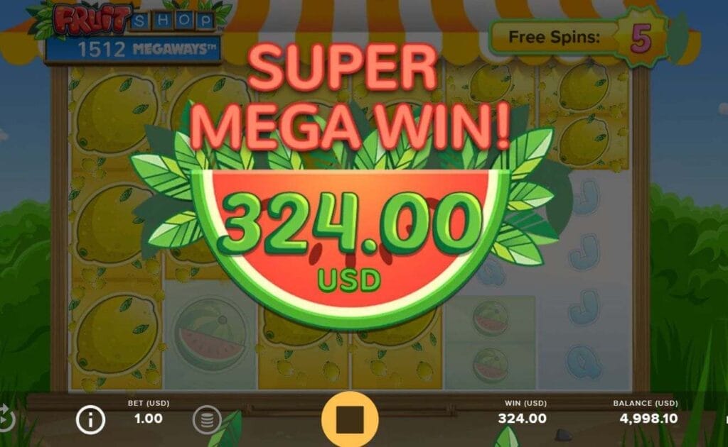 A screenshot of a Super Mega Win on Fruit Shop Megaways; The payout of $324 is displayed above a 2D sliced watermelon, lemon symbols fill most of the spaces on the slot reels in the background.