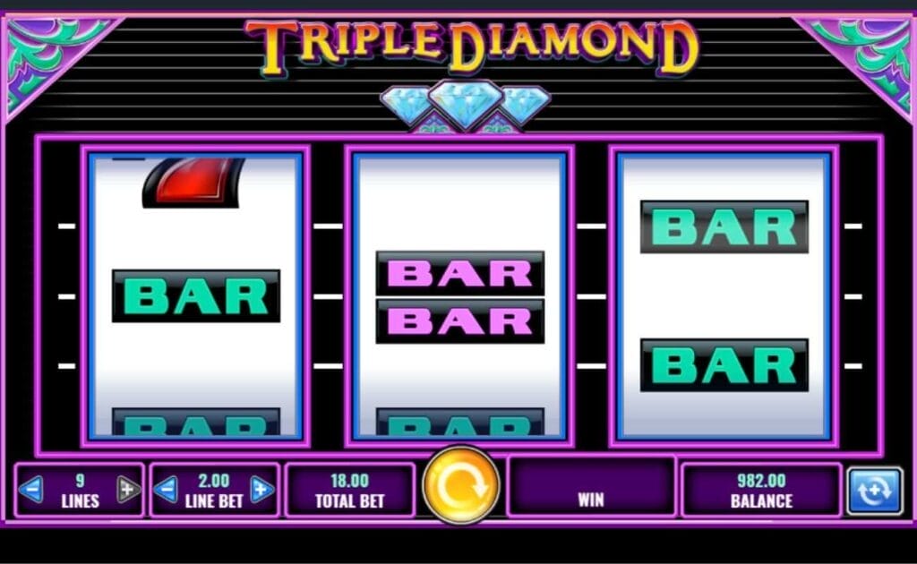 Screenshot of the Triple Diamond online slot game, showing gameplay, and bar slot symbols in the reels. 