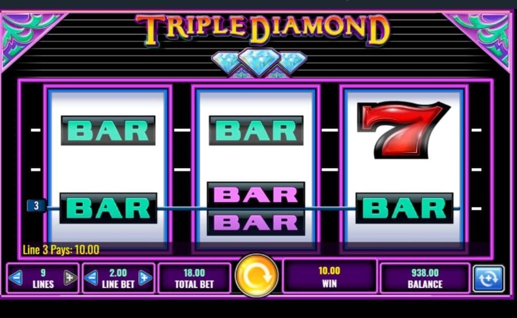 Screenshot of the Triple Diamond online slot game showing a small 10.00 win. 