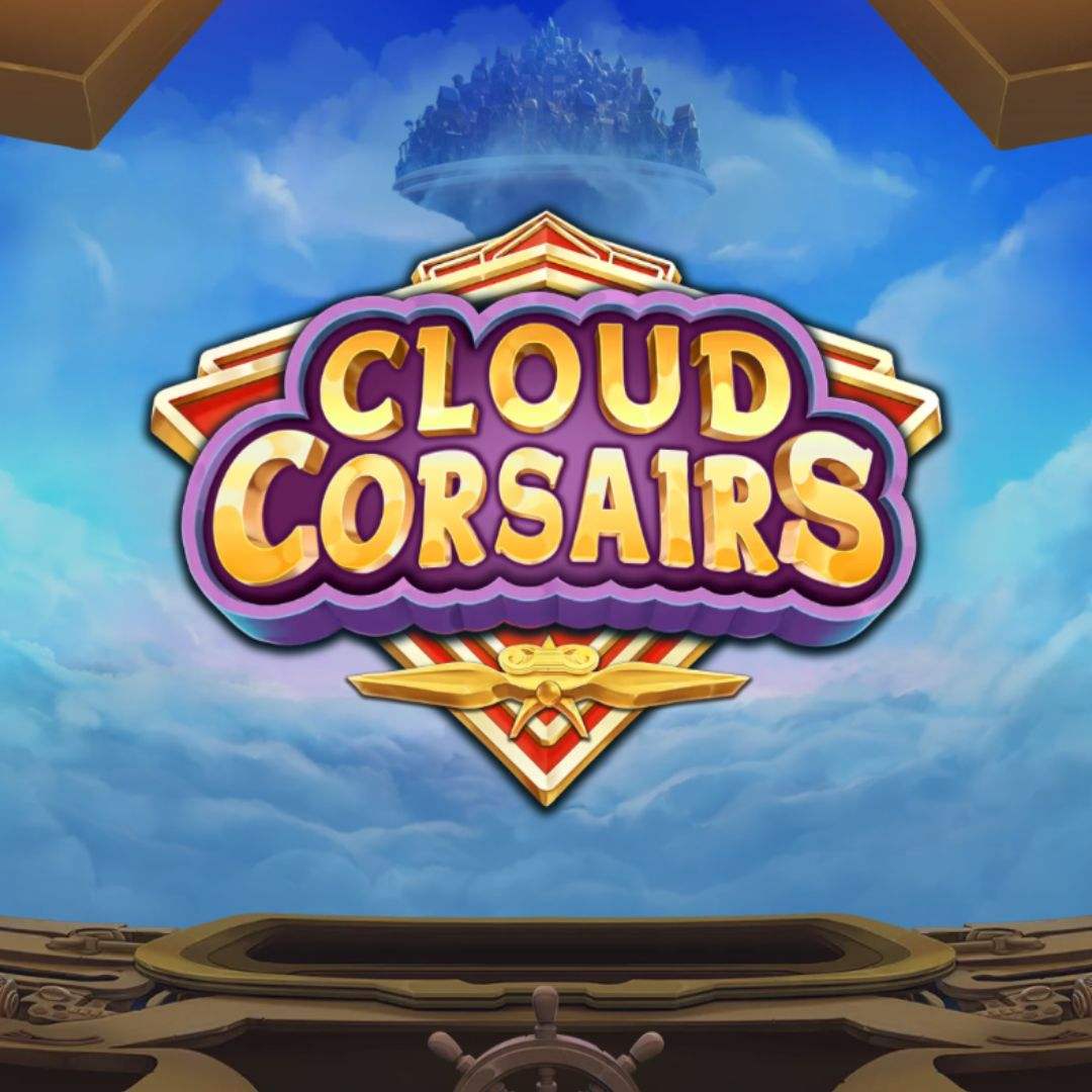 The title screen for the Cloud Corsairs slot game, featuring the game logo on the background of a sky flying towards a castle in the clouds, as seen through a Zeppelin.