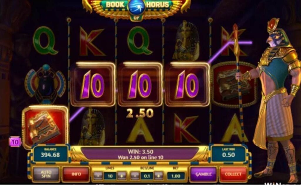 Book of Horus online slot game with a win across the reels. There is a gold control panel at the bottom of the reels. There is a man with an eagle face on the right side of the reels.