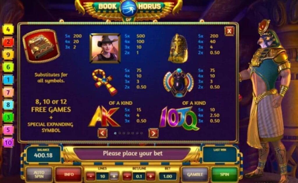 Book of Horus online slot game with a blue paytable. The screen has a gold frame. There is a gold control panel below the reels. There is a man with an eagle face on the right side of the reels.