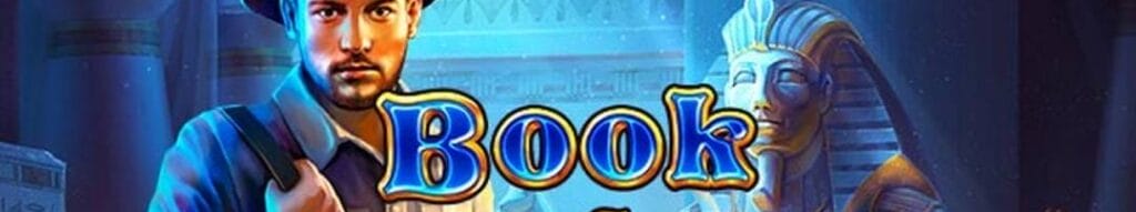 Book of Horus online slot game logo in blue and gold. Ancient Egyptian statues are in the background with a man staring next to the logo.