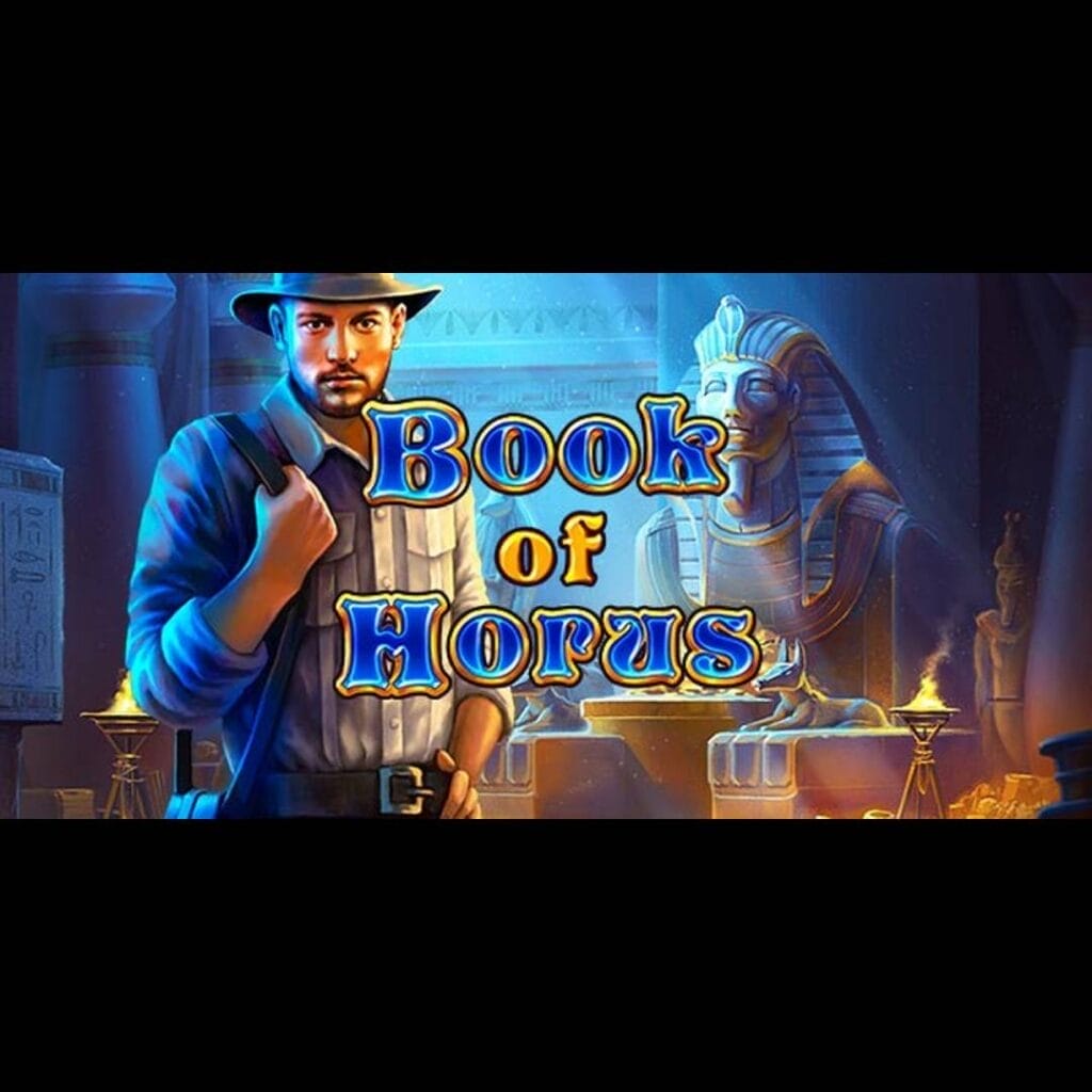 Book of Horus online slot game logo in blue and gold. Ancient Egyptian statues are in the background with a man staring next to the logo.